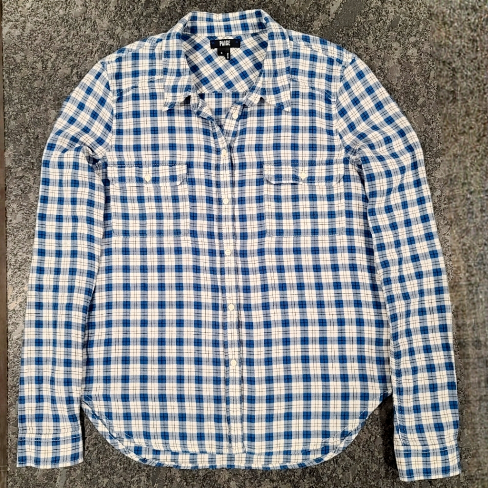 PAIGE Plaid Button Down Shirt Blue White Black 100% Cotton Men's Size Small
